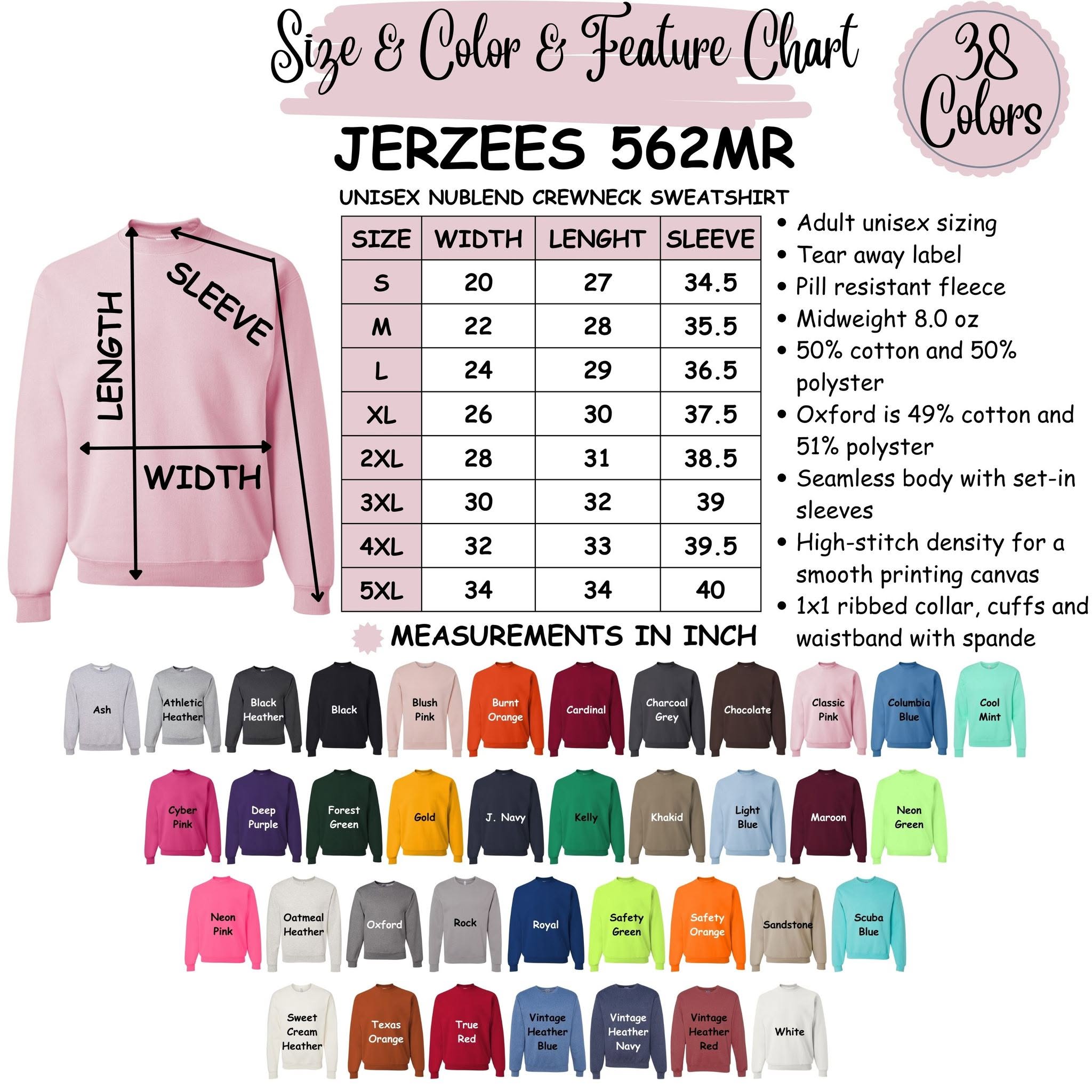 Jerzees 562MR sweatshirt size, color, and feature chart