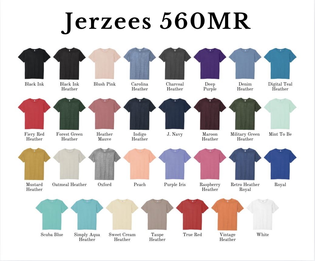 Jerzees 560MR T-shirt color chart